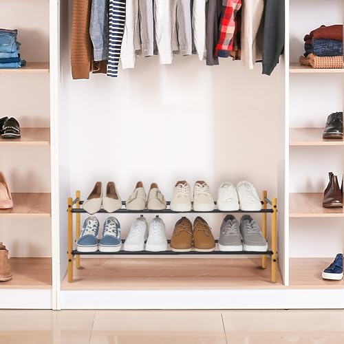 STORAGE MANIAC Expandable Shoe Rack, 8 Pairs Stackable Small Shoe Rack, Metal Adjustable Shoes Organizer for Closet, Entryway, Hallway, Garage, Front Door, Shoes Shelves, Bamboo 2 Tier - size: 2 Tier