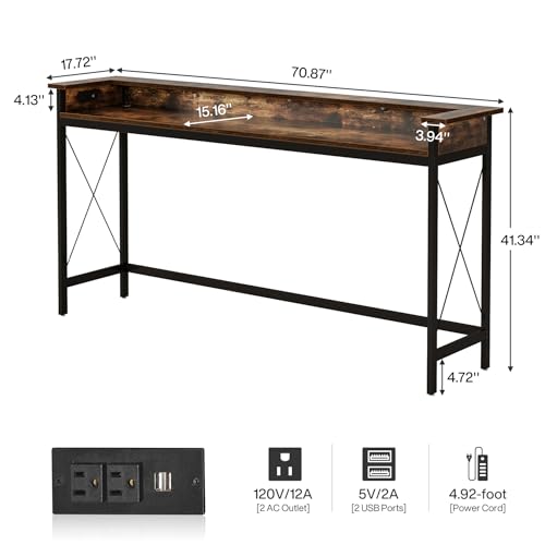 Tribesigns Sofa Table with Outlets and USB Ports, 70.9 inch Extra Long Console Table Behind Couch with Charging Station, Industrial Narrow Entryway Hallway Accent Table for Living Room - color: Brown