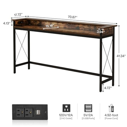 Tribesigns Sofa Table with Outlets and USB Ports, 70.9 inch Extra Long Console Table Behind Couch with Charging Station, Industrial Narrow Entryway Hallway Accent Table for Living Room - color: Brown