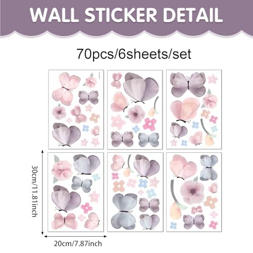 Butterfly Wall Decals Peel and Stick 70 Pcs, Butterfly Wall Stickers | Easy Removable Vinyl Flower & Butterfly Wall Stickers Wall Art For Girls Room Kids Bedroom Playroom Door Window Laptop - color: Butterfly Flower