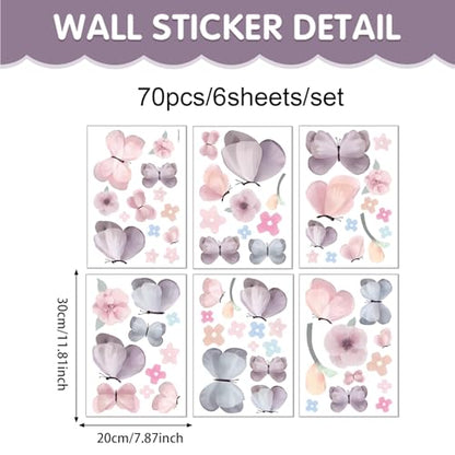 Butterfly Wall Decals Peel and Stick 70 Pcs, Butterfly Wall Stickers | Easy Removable Vinyl Flower & Butterfly Wall Stickers Wall Art For Girls Room Kids Bedroom Playroom Door Window Laptop - color: Butterfly Flower