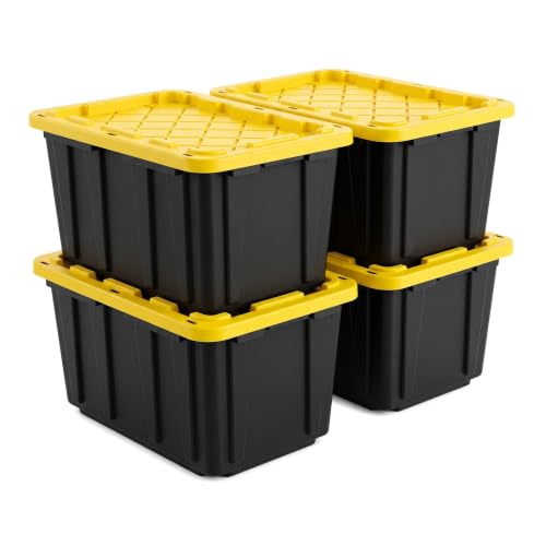 4 Pack 17 Gallon Stackable Storage Bins with Lockable Lids, Black & Yellow | Heavy-duty plastic, stackable & nestable, lock-compatible lid, garage/home/office/moving use, 26.3"x17.8"x12.3" each