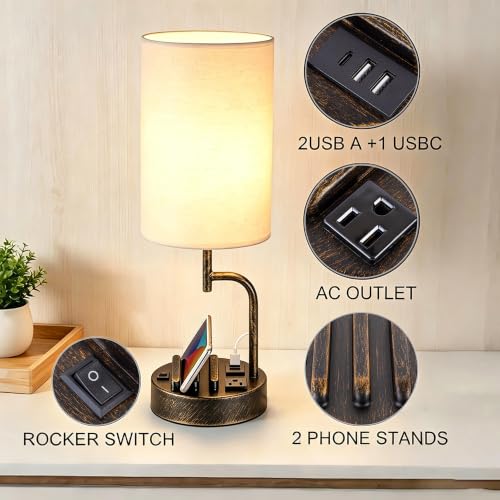 Dreamholder 2 Pack Table Lamp, Bedside Lamp with 3 USB Charging Ports & AC Outlet, USB Desk Lamp with 2 Phone Holders, Linen Fabric Shade Nightstand Lamps for Bedroom Living Room Office, Antique Brass - color: Antique Brass