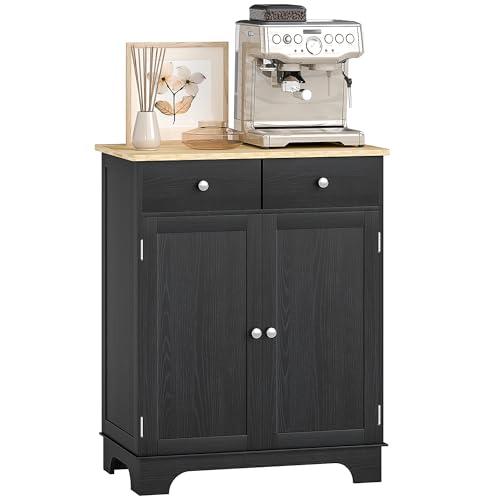 HOMCOM Sideboard Buffet Cabinet Solid Wood Countertop Distressed Black | Modern Kitchen Storage, Coffee Bar Cabinet, 2 Drawers, Doors, Adjustable Shelf - color: Distressed Black, size: 26.75" x 15.75" x 33.5"
