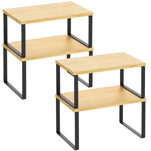 Kitchen Cabinet Organizer Shelf Set of 4, Sturdy Kitchen Counter Shelves with Metal Legs, Stackable Expandable Wood Spice Rack Pantry Cupboard Dish Mug Cup Storage Organizer Shelf,Black+Bamboo - color: Black+Bamboo