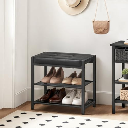 HOOBRO Small Shoe Bench, 3-Tier Shoe Rack, Shoe Storage Bench with PU Seat Cushion, Entryway Shoe Rack Bench with Metal Mesh Shelves, Freestanding Shoe Organizer for Hallway, Black BB33HX01 - color: Black