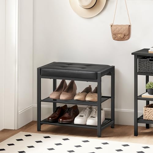 HOOBRO Small Shoe Bench, 3-Tier Shoe Rack, Shoe Storage Bench with PU Seat Cushion, Entryway Shoe Rack Bench with Metal Mesh Shelves, Freestanding Shoe Organizer for Hallway, Black BB33HX01 - color: Black