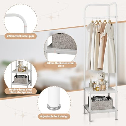 Corner Coat Racks, Heavy Duty Clothing Rack, Freestanding Garment Rack, Metal Clothes Racks Shoes Shelf Organizer for Entryway Bedroom, White