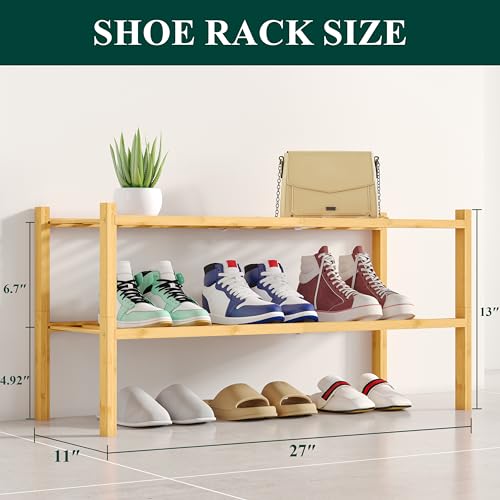 Smiry Bamboo Shoe Rack, 12 Vertical Slats, 2 Tier - 26.8" Wide, Natural | Stackable Free Standing Wooden Shoe Organizer, Wood Shoe Storage Shelf for Closet, Entryway - color: Natural, size: 26.80" Wide - 2 Tier - Regular