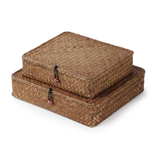 YANGQIHOME Set of 2 Seagrass Baskets with Lids, Rectangular Woven Storage Baskets, Natural Wicker Basket Boxes for Coffee Table, Shelf, Bathroom Counter & Closet Decor (Coffee, Set of 2) - color: Coffee, size: Set of 2