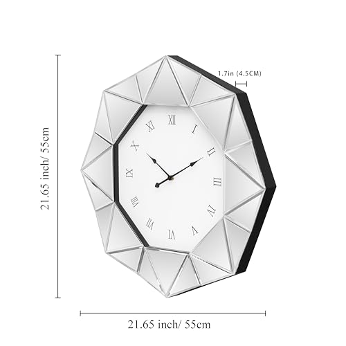 SHYFOY Decorative Wall Clock, 22 inch Mirrored Large Wall Clock | Silver Modern Silent Wall Clocks, Diamond Beveled Frame Edge, Home Art Deco for Living Room,Dining Room - size: OctagramA