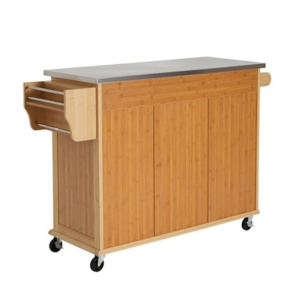 Christopher Knight Home Tredy Bamboo Rolling Cart with Drawers, Kitchen Bar Cart on Wheels with Stainless Steel Top, Rolling Kitchen Cart Storage Cabinet, Serving Cart, 50.8'' x 18.5'', Natural - size: Medium