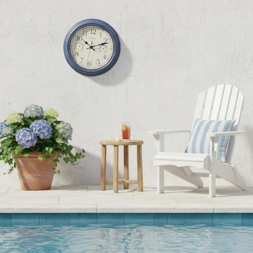 Crosstime 12 Inch Outdoor Clock Waterproof with Thermometer & Hygrometer – Silent Retro Wall Clock for Patio, Pool, Porch, Backyard, Bathroom – Blue - color: 12" Blue