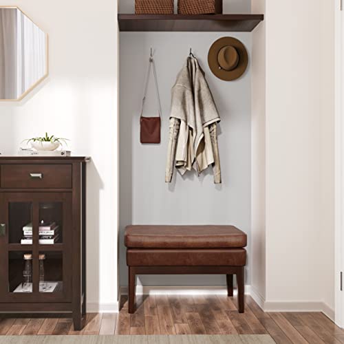 SIMPLIHOME Carlson 27" Wide Woven Fabric Rectangle Ottoman in Saddle Brown | Distressed saddle brown, mid-century modern ottoman with a padded seat for bedroom or living room; footstool or bench. - color: Distressed Saddle Brown, style: Small Ottoman Benc
