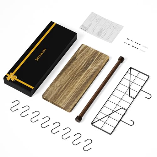 Alsonerbay Floating Shelf for Wall with Wooden Towel Bar, Carbonized Black | 8 removable hooks, rustic finish, space-saving, holds utensils & mugs, easy installation, kitchen & bathroom use - color: Carbonized Black