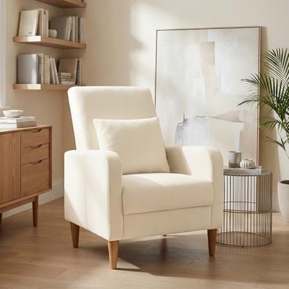 COLAMY Mid-Century Modern Accent Chair, Fabric Upholstered Living Room Chair with Back Pillow & Solid Wood Legs, Comfy Armchair for Living Room, Bedroom, Single Sofa, Beige - color: Beige, size: Set of 1