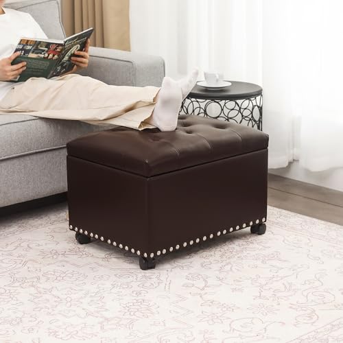 Leather Storage Ottoman with 360° Caster Wheels 24" Foot Rest Bench Rectangle Ottomans Stool for Living Room Bedroom (Brown, Wheels) - color: Brown With Casters