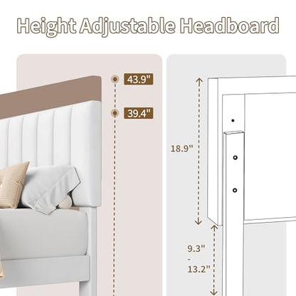 Garvee Queen Size Platform Bed Frame with Upholstered Headboard, White | Fully Velvet Upholstered Mattress Foundation with Height Adjustable Headboard, No Box Spring Needed, Easy Assembly - color: White, size: Queen