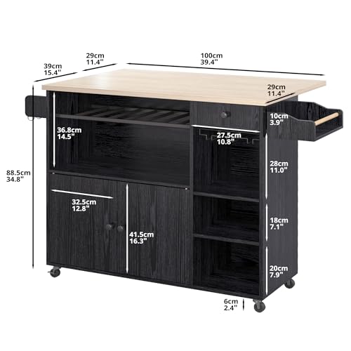 IRONCK Kitchen Island Cart with Wheels for Kitchen and Dining Room | Wine Rack, Drawers, Open Shelves, Storage, Drawer Space - color: Black