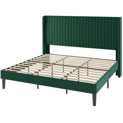 Allewie King Size Bed Frame/Velvet Upholstered Platform Bed/Vertical Channel Tufted Wingback Headboard/Strong Wooden Slats/No Box Spring Needed/Easy Assembly/Green - color: Green, size: King