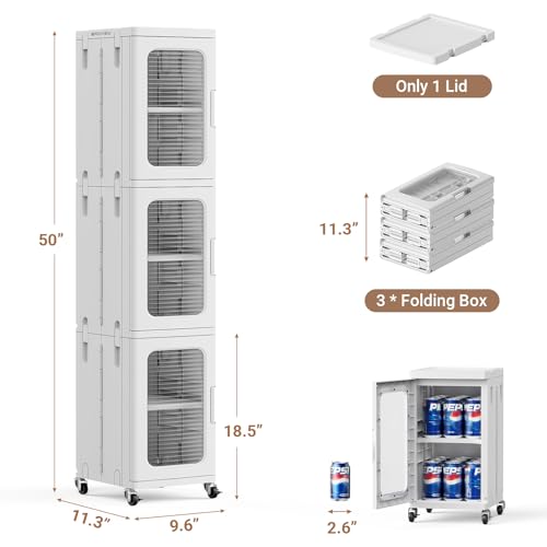BROVIEW 3-Tier Tall Narrow Storage Cabinet Organizer, Slim Bathroom Cabinets with Adjustable Shelves and Doors, Plastic Kitchen Pantry Organizers and Storages for Small Space, Laundry, White - color: White, size: 3-Tier-9.6"W