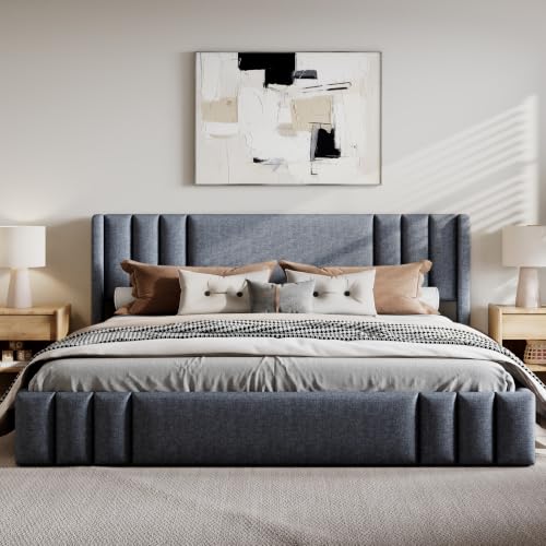 VilroCaz Queen Size Linen Upholstered Platform Bed Frame with Thick Fabric Headboard, No Box Spring Needed (Gray-6.17, Queen) - color: Gray-6.17, size: Queen