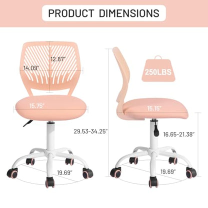 Desk Chair Armless for Kids, Height Adjustable Small Study Computer Task Chair for Student Children Teens with Wheels, Small Office Chair Compact Rolling with Mesh Cushion and Plastic Low-Back, Rose - color: Rose