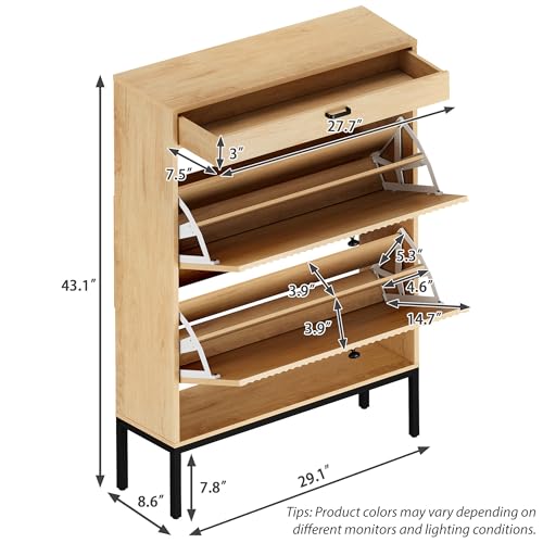 Shoe Cabinet, Shoe Storage Organizer Cabinet with 2 Flip Wavy Line Drawers, Freestanding Shoe Rack with Adjustable Shelf for Entryway, QH242-1 - color: Wavy Line-oak