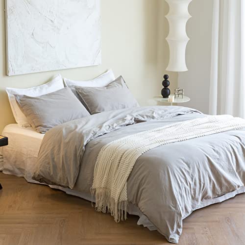BISELINA French Linen Duvet Cover Set 3pcs with Hidden Zipper Closure Natural Flax Cotton Blend Solid Color Soft Breathable Luxury Farmhouse Bedding -Full Size, Grey - color: Grey, size: Full
