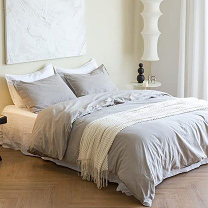 BISELINA French Linen Duvet Cover Set 3pcs with Hidden Zipper Closure Natural Flax Cotton Blend Solid Color Soft Breathable Luxury Farmhouse Bedding -Full Size, Grey - color: Grey, size: Full