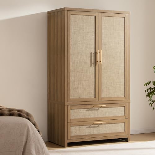 SICOTAS Rattan Armoire Wardrobe Closet : 71 inch Wardrobe with Drawers | Farmhouse Boho Storage Cabinet with Hanging Rod, Large-Capacity Deep Armoire Clothes Organizer for Bedroom, Cloak Room
