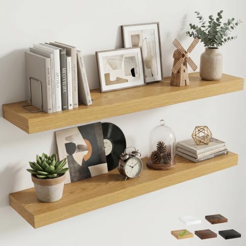 8 inch Deep Floating Shelves for Wall, 40" Wide, Oak Finish, 2-Pack | Engineered Wood Wall Shelves with Invisible Brackets for Living Room, Bedroom, Bathroom, Office & Kitchen Storage - color: Oak Finish, size: 40"W x 8"D, 2p