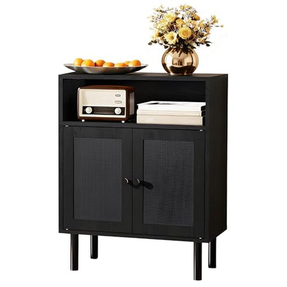 Rattan Storage Cabinet, Boho Accent Cabinet with Double Doors | Small Freestanding Sideboard for Hallway, Laundry Room,Kitchen, Dining Room, Entryway (Black) - color: Black