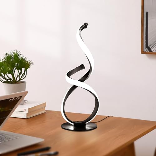 Modern Dimmable LED Spiral Touch Table Lamp for Nightstand | 3 Color Temperature Desk Lamp, Unique Bedside Light for Living Room, Bedroom, Cool Lamps for Ideal Gift, Black - style: S-Shape-Black