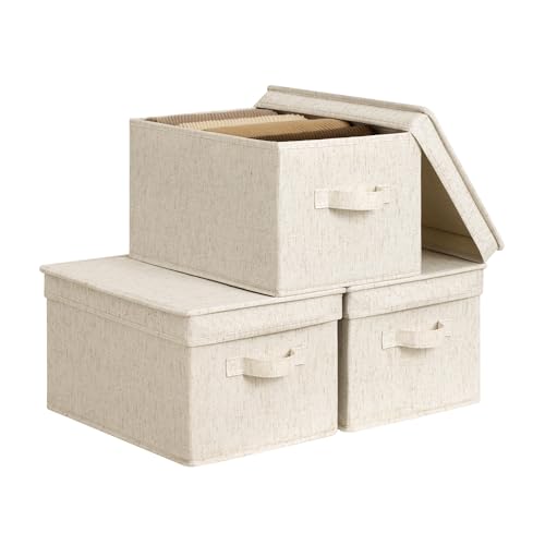 StorageWorks Fabric Storage Bins, Storage Basket with Lid, Closet Bins | Lidded Dust-proof, Easy Pull Handles, Foldable, Stackable, Ideal for Clothes Blanket Towel, Large, Rustic Linen, 3-Pack - color: Rustic Linen, size: Large