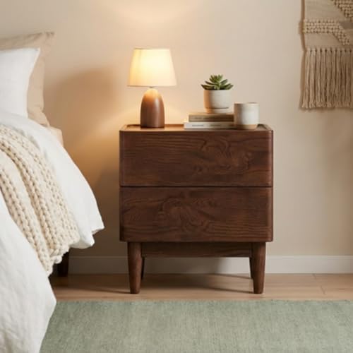 100% Solid Wood Nightstand, Mid Century Modern Nightstands with Drawers, Wooden Night Stand for Bedroom, Small Bedside Table for Low Bed(Walnut Finish, Solid Oak Wood) - color: Walnut-19.29"h