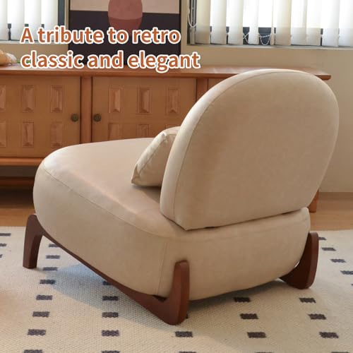 Cream Faux Leather Slippers Chair with Solid Wooden Legs | Low Armless Accent Chair with Soft Cushion, Comfy Upholstered Side Chairs for Living Room, Bedroom, Balcony or Reading Room - color: Cream