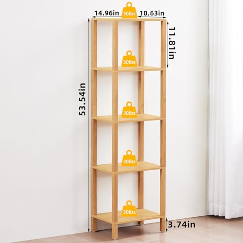 YUFAM 5 Tier Tall Narrow Bookshelf, Skinny Bookcase, Wooden Shelf, Natural | 54'' Tall Thin Book Shelf, Skinny Book Shelf for Modern Narrow Industrial Shelf fits Living Room, Office, Bedroom, Kitchen - color: Natural, size: 5-Tier