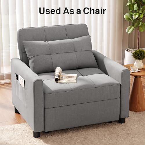 Sleeper Sofa Chair Bed, Convertible Sofa Chair 3-in-1, Gray | Adjustable Sleeper Chair Pullout Sofa Bed with Modern Linen Fabric for Living Room/Apartment - color: Light Gray