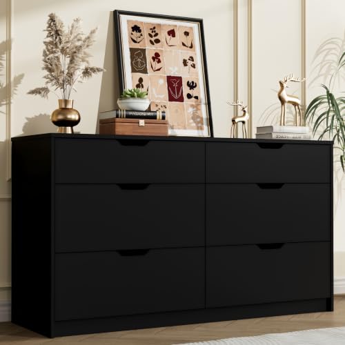YESHOMY Black Dresser for Bedroom, 47.2" Modern Wood Chest with 6 Drawers | Two Drawer Sizes, Anti-Tip, Storage Cabinet & TV Stand for Living Room, Closet, Entryway - color: Dark Black