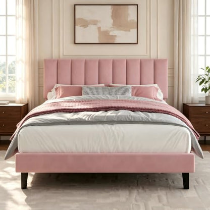 Garvee Full Size Platform Bed Frame with Upholstered Headboard, Pink | Fully Velvet Upholstered Mattress Foundation with Height Adjustable Headboard, No Box Spring Needed, Easy Assembly - color: Pink, size: Full