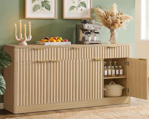 usikey 55" W Large Buffet Cabinet with Storage & Drawers, Sideboard Cabinet with 2 Adjustable Shelves & 4 Doors, Coffee Bar Station, Kitchen Storage Cabinets, Natural