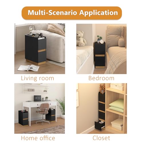 Narrow Night Stands, Modern Slim Nightstand Set of 2, Wooden Skinny Bedside Table 2 Drawers, Stackable Narrow Side Table with Drawers for Small Spaces, Bedroom, Living Room, Black - color: Black (2pcs)