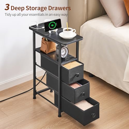 Narrow End Table with Charging Station, Narrow Side Table with Drawer, Small Nightstand with LED Light, Skinny Nightstand, Small Bedside Table for Living Room, Bedroom, Couch, Black - color: Black, size: 7.9" W x 18.9" D, style: Power + Light