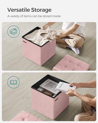 SONGMICS Small Storage Ottoman, Folding Ottoman Cube, 15 x 15 x 15 Inches, Footstool, Footrest, 11 Gal. (43 L), Velvet Surface, for Bedroom, Living Room, Dorm, Jelly Pink ULSF227R01 - color: Jelly Pink