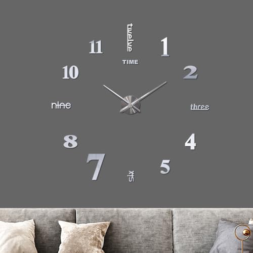 Frameless DIY Large Wall Clock Modern 3D Mirror Digital Big Wall Clocks for Living Room Bedroom Office Hotel Home Wall Decor (Silver) - color: Silver