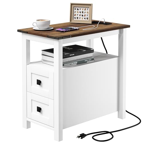 VVFLU Farmhouse End Table with Charging Station and 2 Storage Drawers, White Wood Nightstand Narrow, Skinny Side Table Rustic, Slim Bedside Table, Open Shelf, Small for Bedroom, Living Room, Sofa - color: White/Wood
