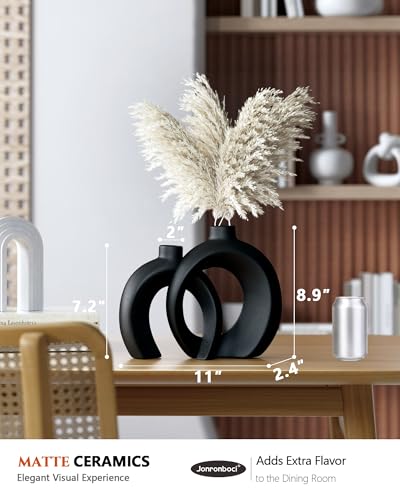 Round Donut Vase Set of 2 - Minimalist Nordic Modern Ceramic Decorative Black Vases For Home Office Book Shelf,Table Decor for Living Room,Coffee,Tv Stand Entry Console Mantle Decoration (Matte Black) - color: Matte Black