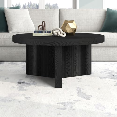 Henn&Hart 32" Scandinavian Fluted Coffee Table, Natural Black | Ribbed pedestal base and low profile bring Scandinavian style to small spaces including living rooms or family rooms - color: Natural Black, size: 32 inches