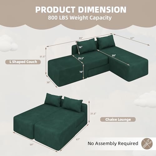 Boneless Sectional Couch, 4 in 1 Convertible Cloud Couch with Reversible Chaise & Deep Seat, Modular Sectional Sofa for Apartment, No Assembly Chenille Foam Couch in a Box, Green - color: Green, size: 89" Convertible Chaise Chenille